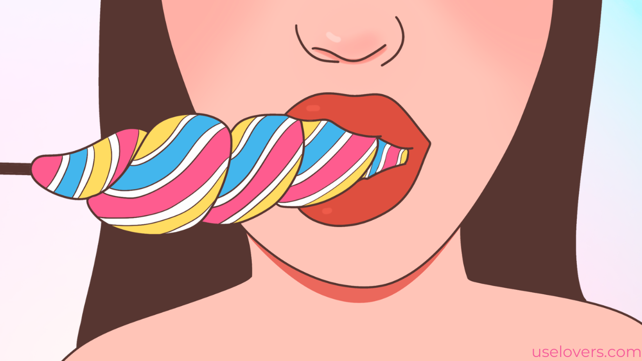 Uma boca parecendo feminina com um grande pirulito