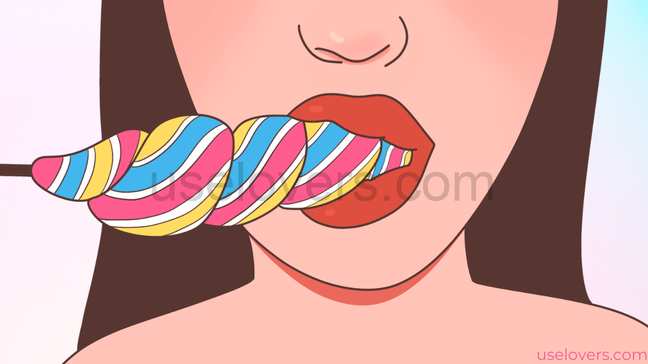 Uma boca parecendo feminina com um grande pirulito