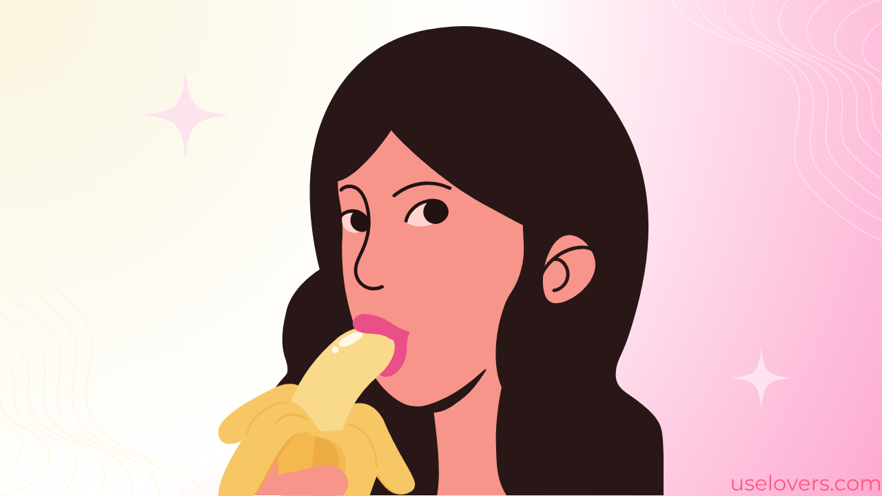 Mulher com uma banan na boca