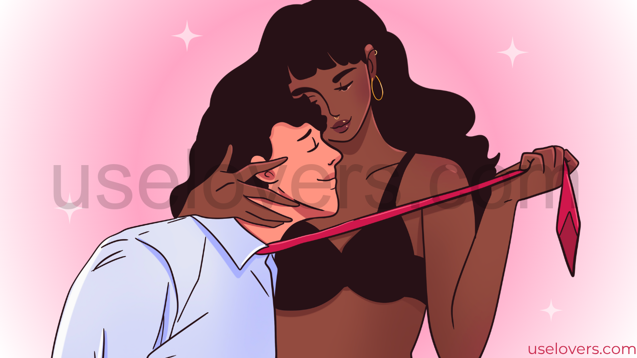 mulher puxando homem pela gravata
