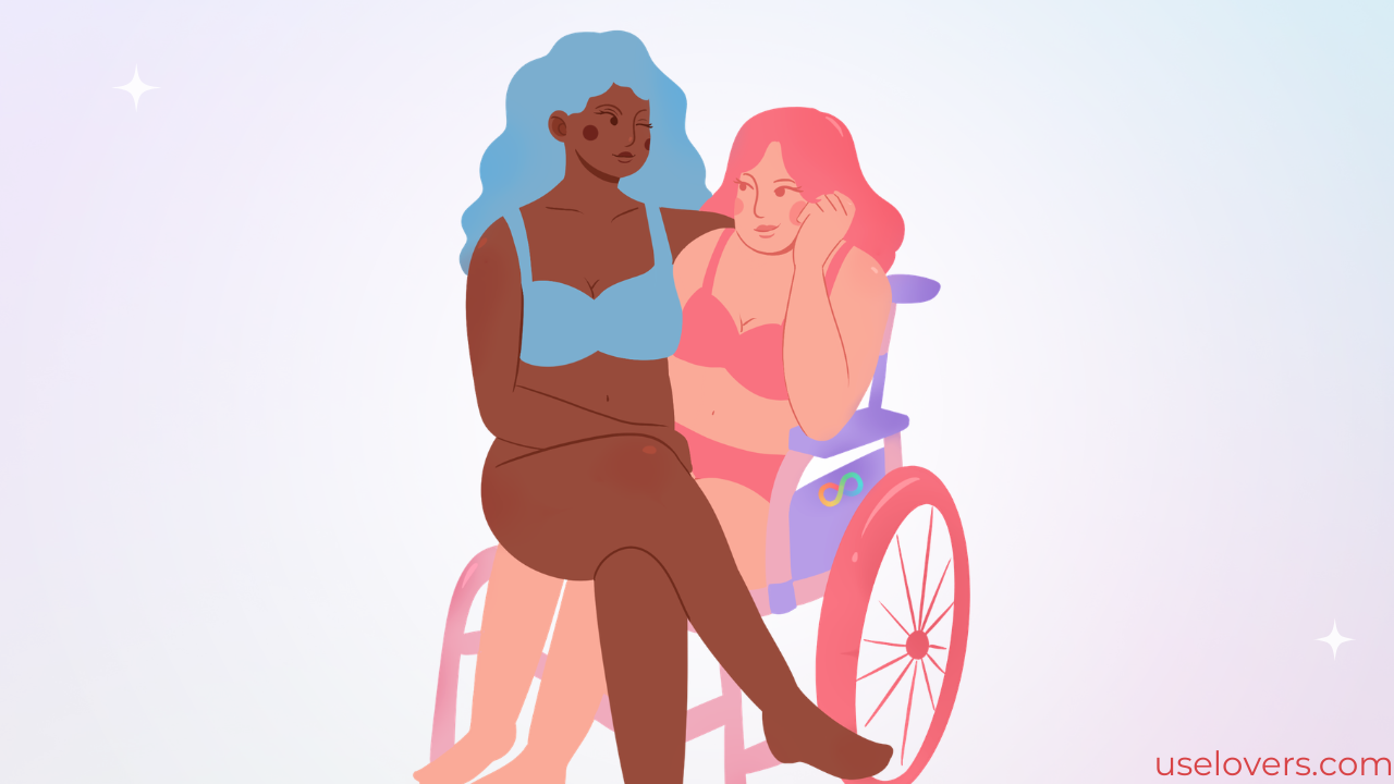 Ilustração de uma mulher cadeirante e de lingerie e outra sentada por cima