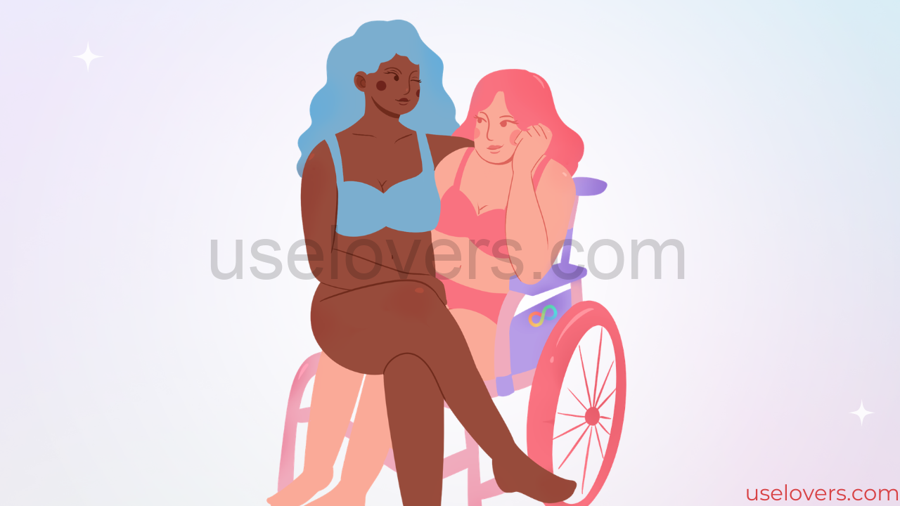 Ilustração de uma mulher cadeirante e de lingerie e outra sentada por cima