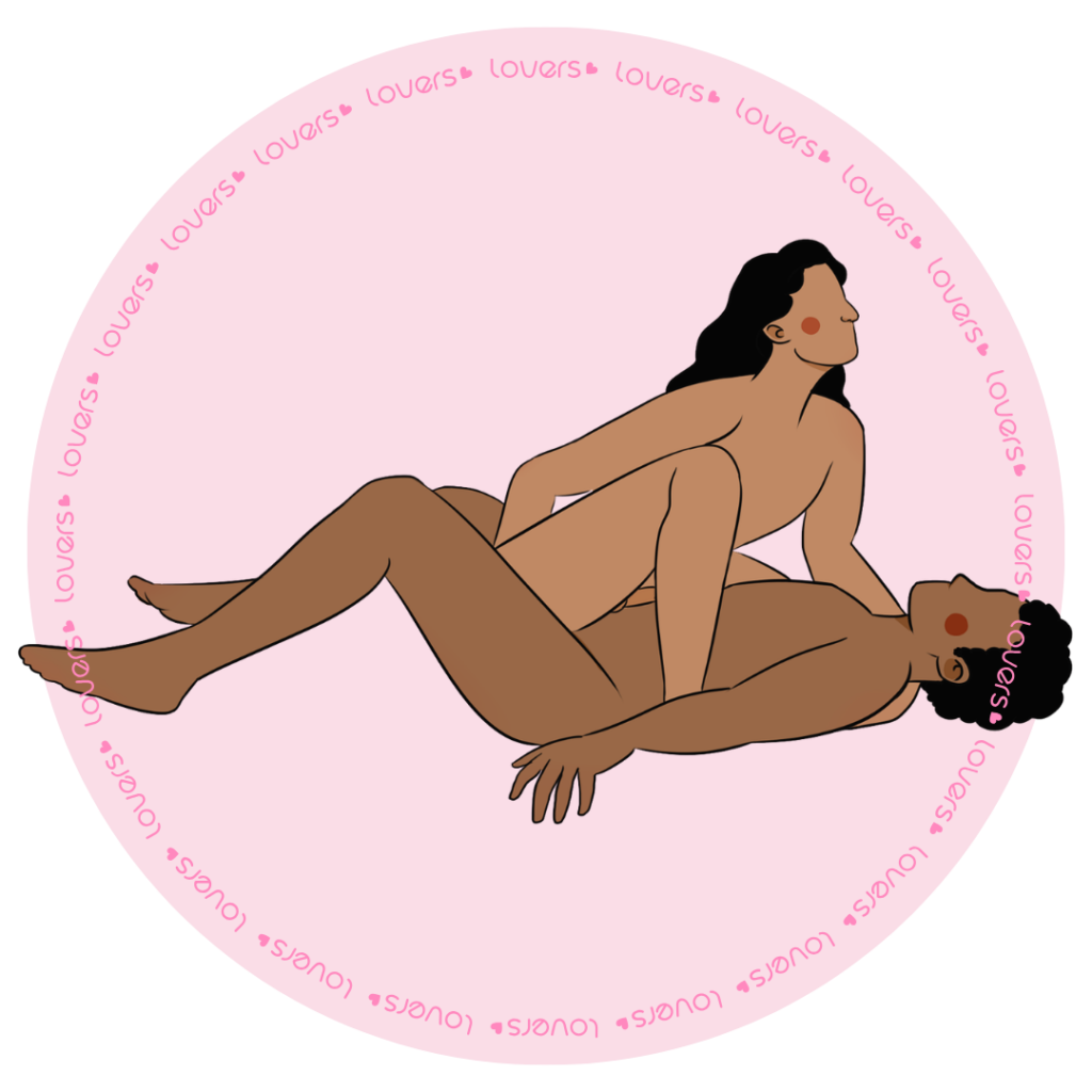 Ilustração da posição sexual Senta Concentrada com homem deitado e joelhos elevados enquanto mulher sentada se apoia em seu corpo com um pé no chão.