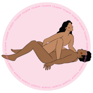 Ilustração da posição sexual Senta Concentrada com homem deitado e joelhos elevados enquanto mulher sentada se apoia em seu corpo com um pé no chão.