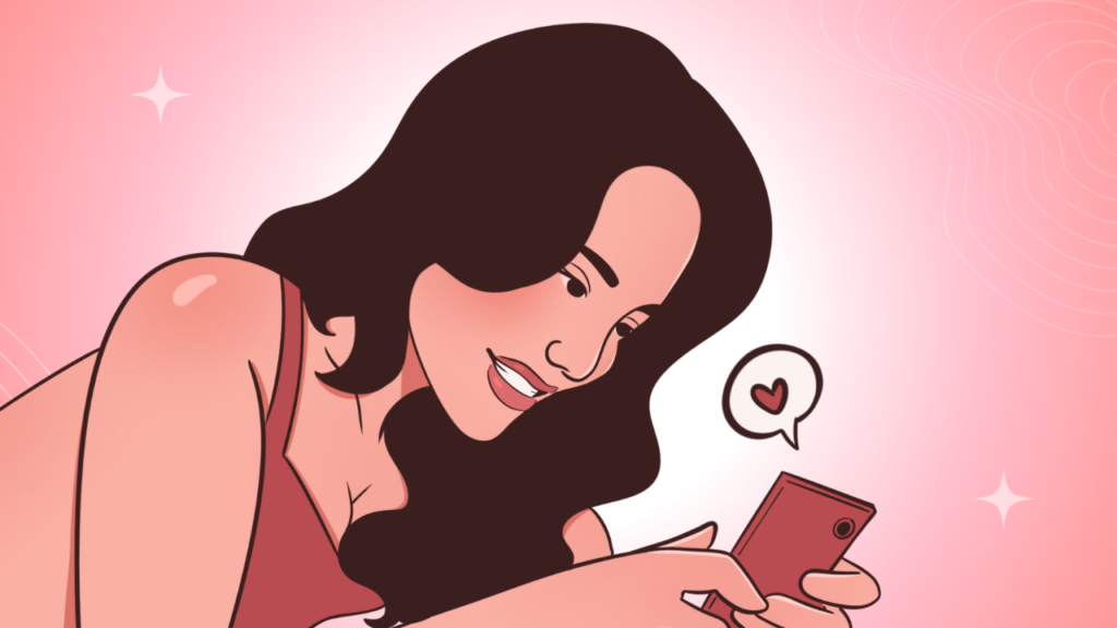 Ilustração de uma mulher sorrindo para o celular