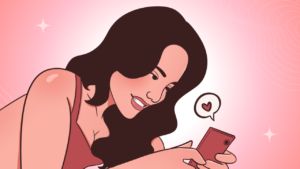 Ilustração de uma mulher sorrindo para o celular