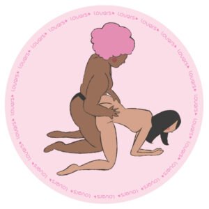 Ilustração da posição sexual De Quatro com pessoa apoiada em joelhos e mãos na cama e parceira ajoelhada por trás segurando sua cintura.