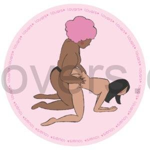 Ilustração da posição sexual De Quatro com pessoa apoiada em joelhos e mãos na cama e parceira ajoelhada por trás segurando sua cintura.