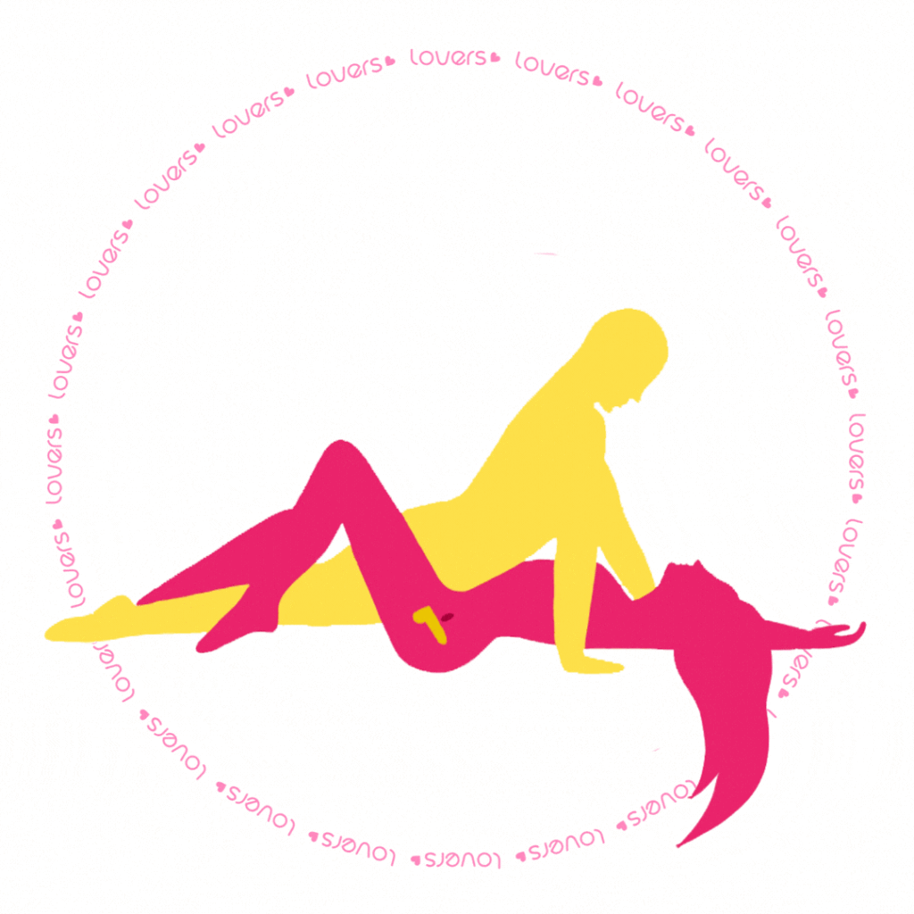 Ilustração da posição sexual Papai e Mamãe com mulher deitada e joelhos flexionados enquanto parceiro está por cima com mãos apoiadas na cama.