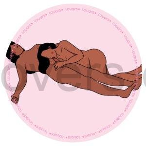 Ilustração da posição sexual Abaixa Aqui com homem deitado de barriga para cima e mulher ao lado apoiando a cabeça em seu abdômen e mãos na região íntima dele.