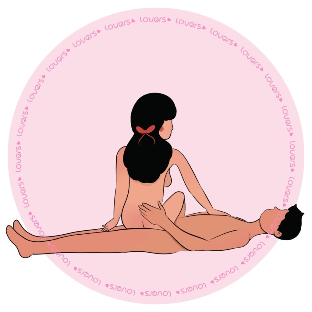Ilustração da posição sexual Saia na Moto com homem deitado na beira da cama e mulher sentada de lado com pés apoiados no chão.