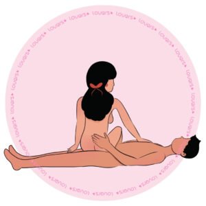 Ilustração da posição sexual Saia na Moto com homem deitado na beira da cama e mulher sentada de lado com pés apoiados no chão.