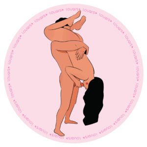 Ilustração da posição sexual Missão Impossível com homem em pé segurando a parceira de cabeça para baixo enquanto praticam sexo oral simultâneo.