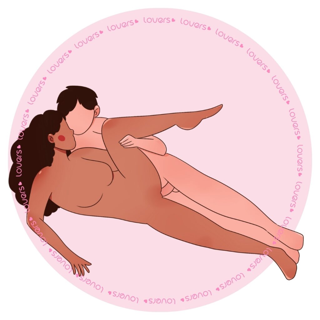 Ilustração da posição sexual Toca Uma Pra Mim com mulher deitada de lado enquanto parceiro por trás levanta uma de suas pernas.