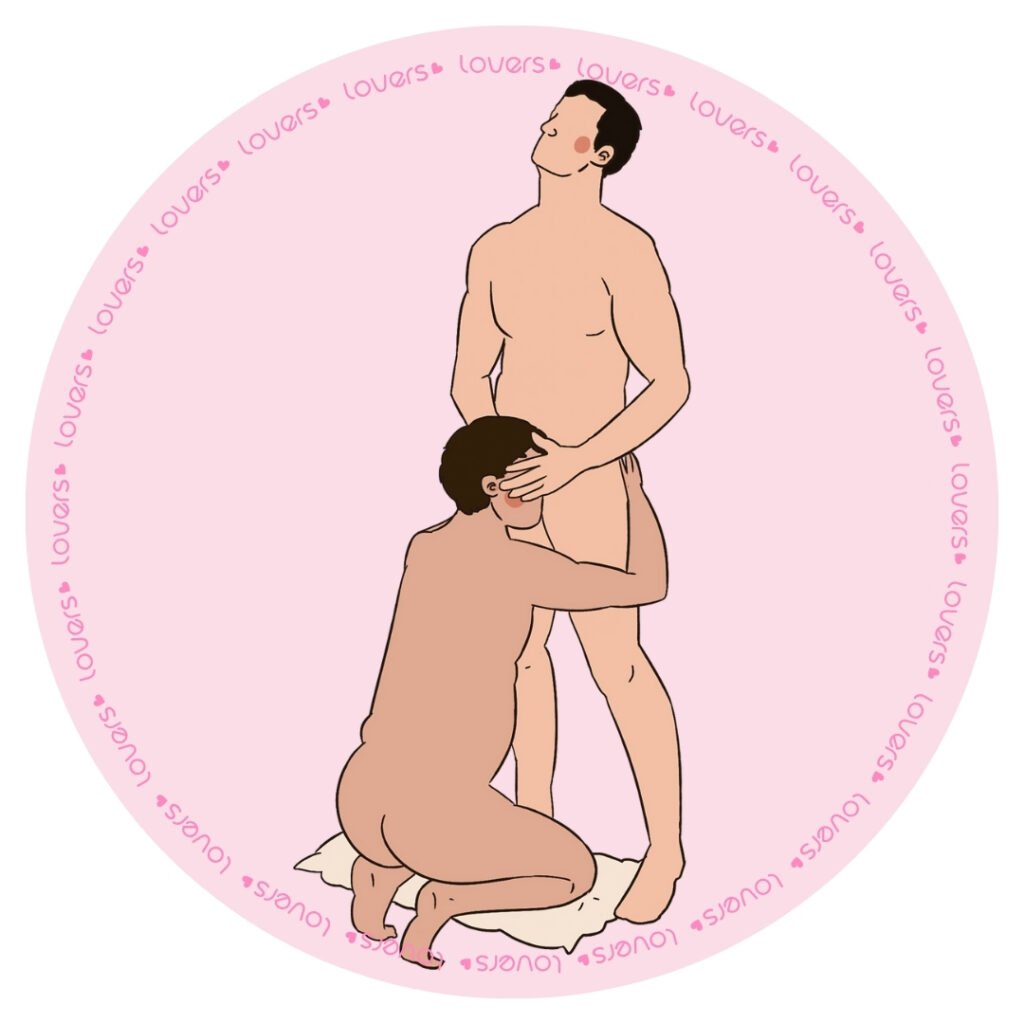 Ilustração da posição sexual Zeus, o homem está em pé com as pernas abertas, enquanto recebe sexo oral de uma pessoa ajoelhada de frente pra ele.