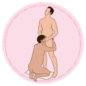 Ilustração da posição sexual Zeus, o homem está em pé com as pernas abertas, enquanto recebe sexo oral de uma pessoa ajoelhada de frente pra ele.