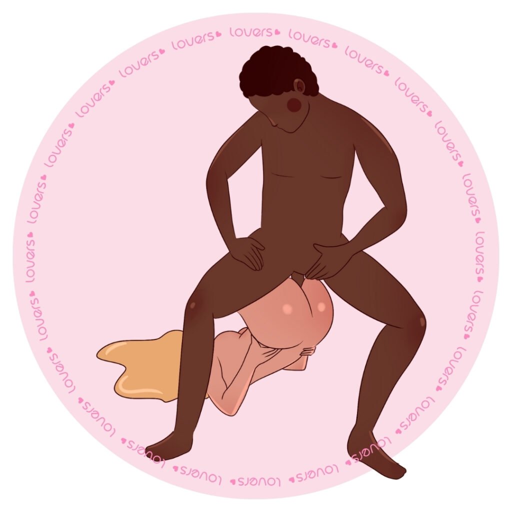 Ilustração da posição sexual Trono do Rei com mulher reclinada apoiada nos ombros e cotovelos enquanto parceiro sentado por cima se posiciona à frente.