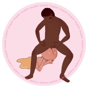 Ilustração da posição sexual Trono do Rei com mulher reclinada apoiada nos ombros e cotovelos enquanto parceiro sentado por cima se posiciona à frente.