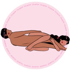 Ilustração da posição sexual Abraço Apertado com parceiro deitado de lado enquanto mulher, em posição oposta, segura suas pernas.