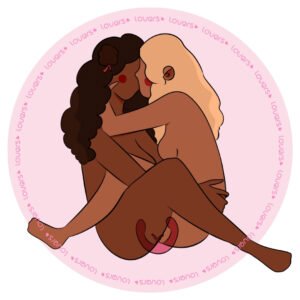 Ilustração da posição sexual Fusão com duas mulheres sentadas frente a frente, pernas entrelaçadas e se beijando.