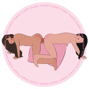 Ilustração da posição sexual Dobradinha com duas mulheres de quatro, costas opostas, utilizando acessório duplo.