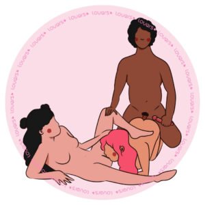 Ilustração da posição sexual Um é Pouco, Dois é Bom e Três é Ménage com mulher deitada enquanto uma parceira realiza estímulo oral à frente e outro parceiro se posiciona por trás.