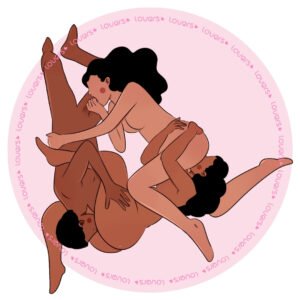 Ilustração da posição sexual Menage à Trois Triângulo Amoroso com um homem e duas mulheres formando ciclo de estímulo oral simultâneo.