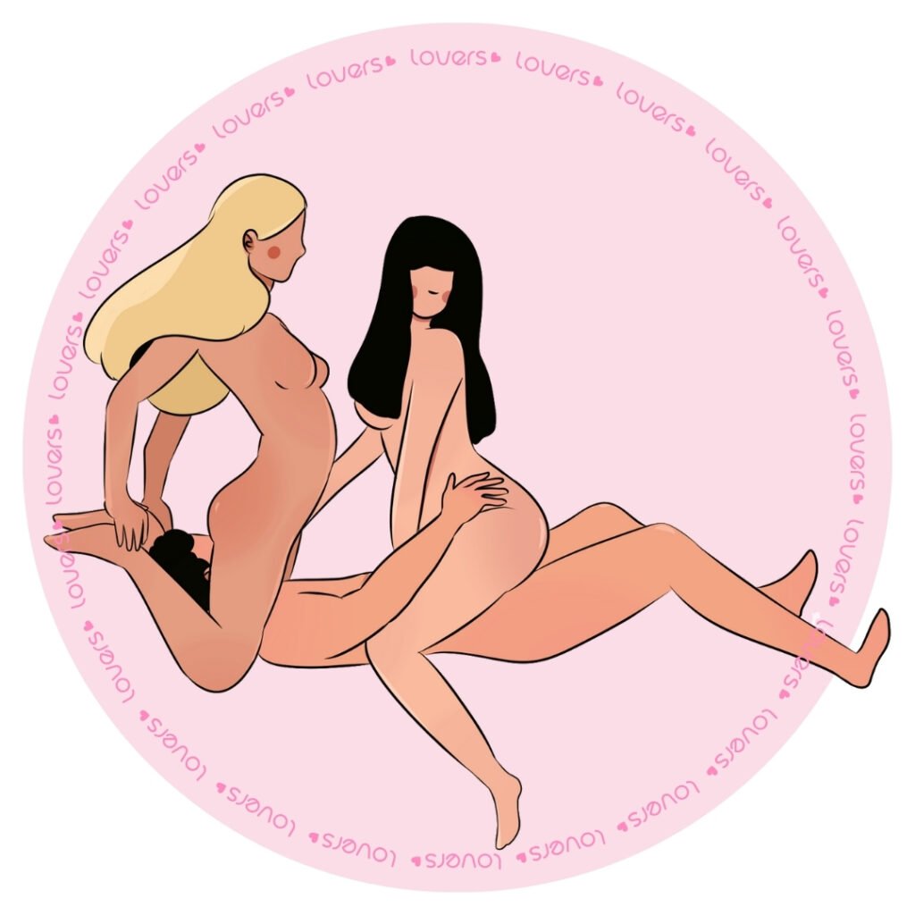 Ilustração da posição sexual Dois Sabores com duas mulheres deitadas frente a frente enquanto uma terceira pessoa se posiciona ao lado realizando estímulo oral em uma delas.