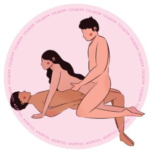 Ilustração da posição sexual Dupla Penetração com mulher ajoelhada sobre parceiro deitado na beira da cama e segundo homem ajoelhado por trás.