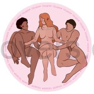 Ilustração da posição sexual Double Job com mulher sentada entre dois parceiros no sofá realizando estímulo manual simultâneo.
