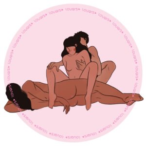 Ilustração da posição sexual Ménage à Trois Deixa que eu ajudo, o homem está deitado de lado a mulher sentada de frente e a outrs pessoa atras