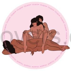 Ilustração da posição sexual Ménage à Trois Deixa que eu ajudo, o homem está deitado de lado a mulher sentada de frente e a outrs pessoa atras