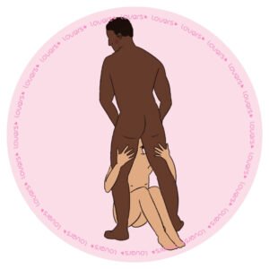 Ilustração da posição sexual Oral Slave com uma pessoa de costas recebendo estímulo oral enquanto a outra, sentada à frente, a segura pelas pernas.