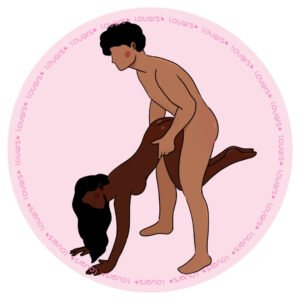Ilustração da posição sexual Deixa que eu Conduzo com parceiro em pé e levemente inclinado segurando a parceira apoiada no chão e na cadeira.