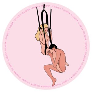 Ilustração da posição sexual Entre Seus Lábios com pessoa sentada no chão enquanto parceira suspensa em sex swing se posiciona sobre seu rosto.