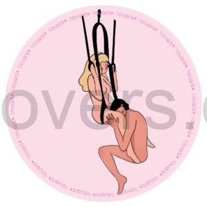 Ilustração da posição sexual Entre Seus Lábios com pessoa sentada no chão enquanto parceira suspensa em sex swing se posiciona sobre seu rosto.