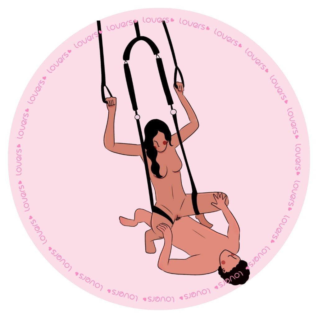 Ilustração da posição sexual Paraquedas com parceiro deitado enquanto mulher por cima se apoia em um sex swing.