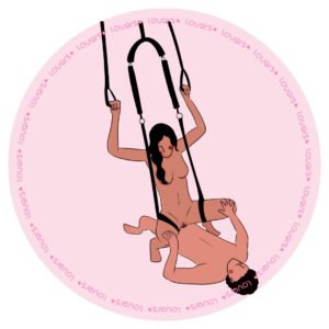 Ilustração da posição sexual Paraquedas com parceiro deitado enquanto mulher por cima se apoia em um sex swing.