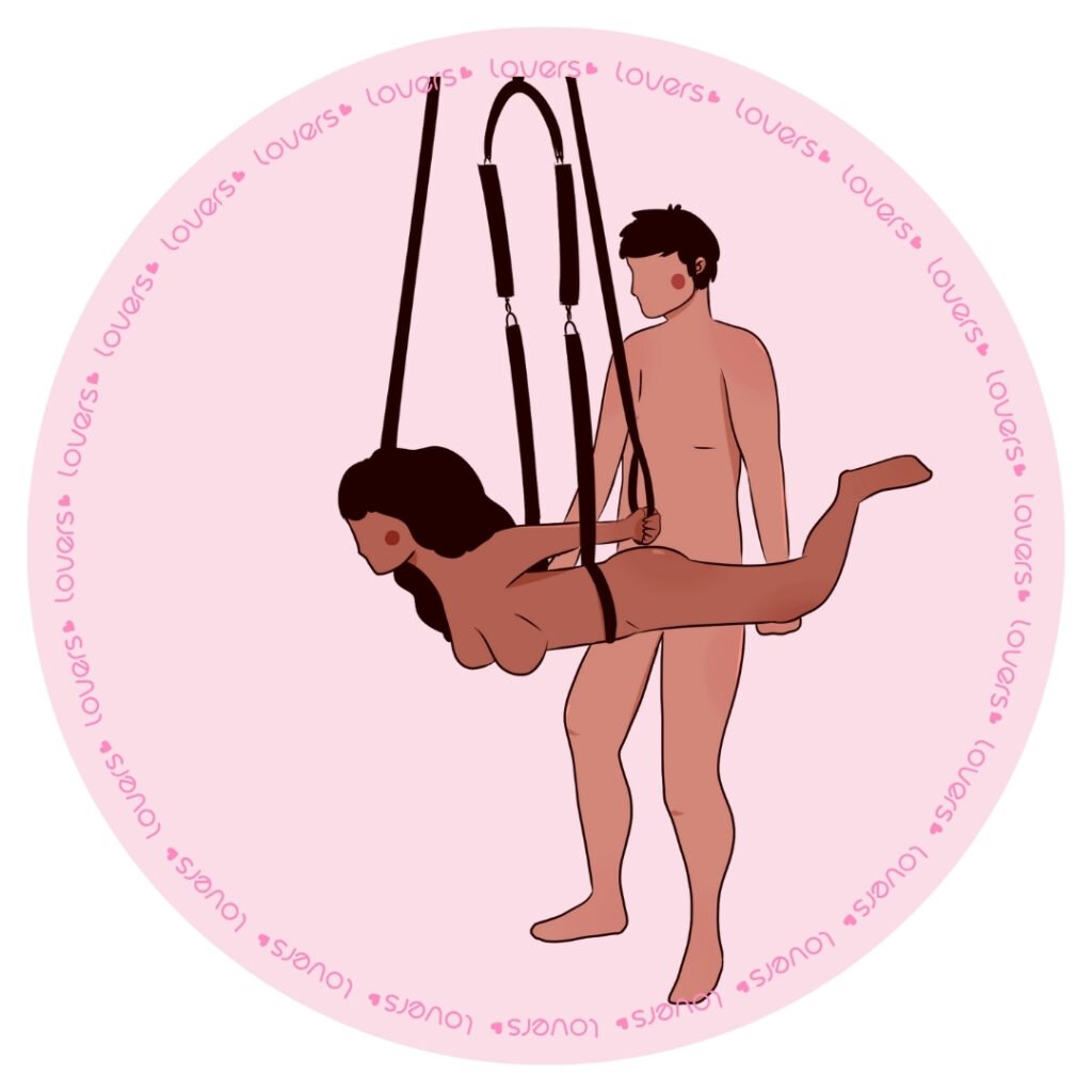 Ilustração da posição sexual Ao Infinito e Além com mulher suspensa em sex swing enquanto parceiro em pé realiza penetração entre suas pernas.