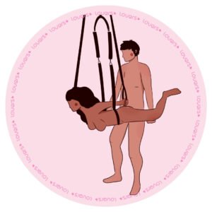 Ilustração da posição sexual Ao Infinito e Além com mulher suspensa em sex swing enquanto parceiro em pé realiza penetração entre suas pernas.