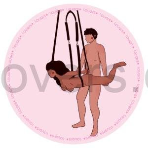 Ilustração da posição sexual Ao Infinito e Além com mulher suspensa em sex swing enquanto parceiro em pé realiza penetração entre suas pernas.