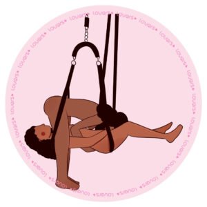 Ilustração da posição sexual Truque de Mágica com uma pessoa suspensa em sex swing enquanto a outra, em pé, se posiciona à frente em contato íntimo mútuo.