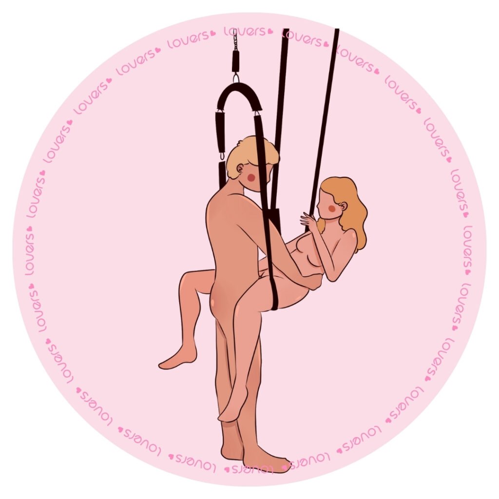 Ilustração da posição sexual No Meu Balanço com mulher sentada na sex swing e pernas abertas enquanto parceiro em pé à frente se encaixa.