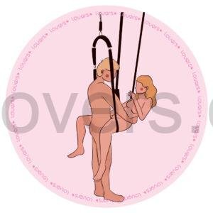 Ilustração da posição sexual No Meu Balanço com mulher sentada na sex swing e pernas abertas enquanto parceiro em pé à frente se encaixa.