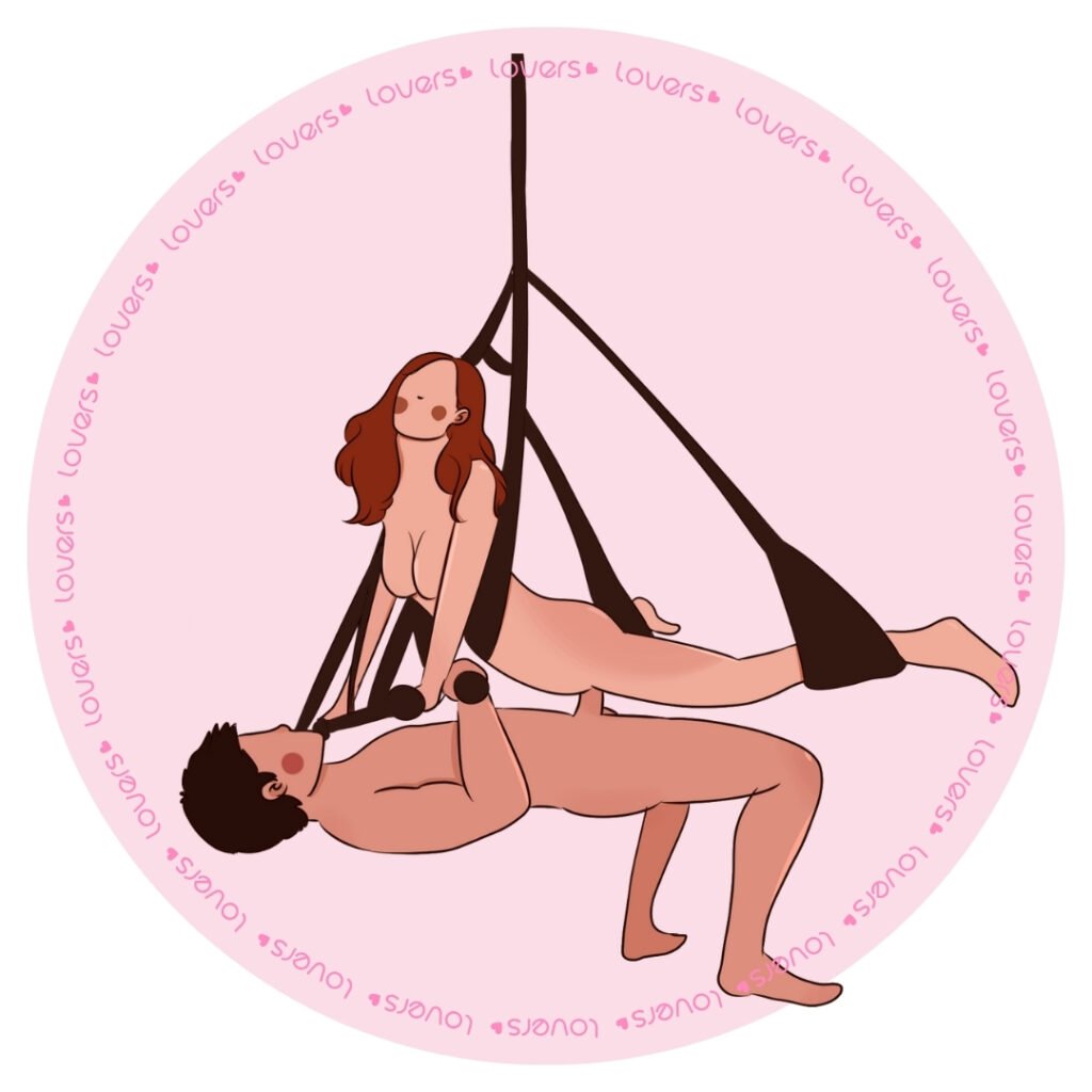 Ilustração da posição sexual Asa Delta com Sex Swing com mulher apoiada no acessório enquanto parceiro se posiciona por baixo.