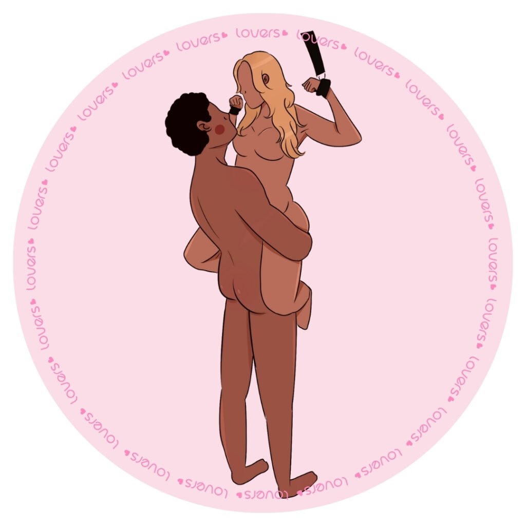 Ilustração da posição sexual Suspensa com mulher em sex swing e braços presos para cima enquanto parceiro a sustenta no colo.