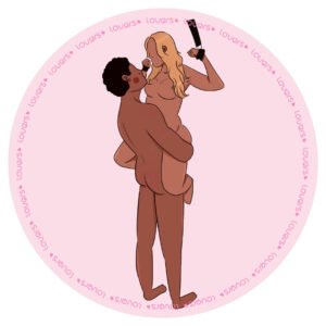 Ilustração da posição sexual Suspensa com mulher em sex swing e braços presos para cima enquanto parceiro a sustenta no colo.
