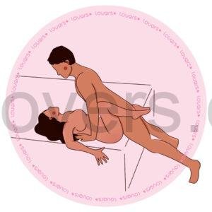 Ilustração da posição sexual Ascensão com mulher na beira da cama e pernas elevadas enquanto parceiro, fora da cama, se inclina sobre ela apoiado nos braços.
