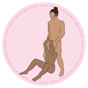 Ilustração da posição sexual Job Grego com homem em pé e parceiro sentado entre suas pernas realizando estímulo oral anal.