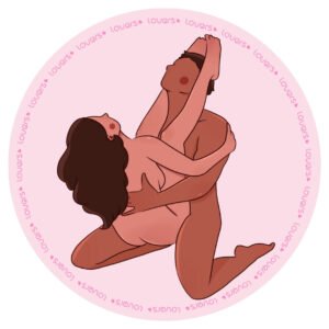 Ilustração da posição sexual Tulipa com parceiro ajoelhado segurando a parceira de frente, com as pernas apoiadas sobre seus ombros.